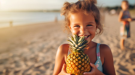 Portrait of a cute little girl with pineapple on the beach.の素材