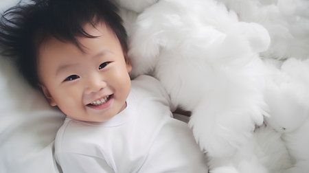 Cute asian baby boy lying on white bed and smiling.の素材