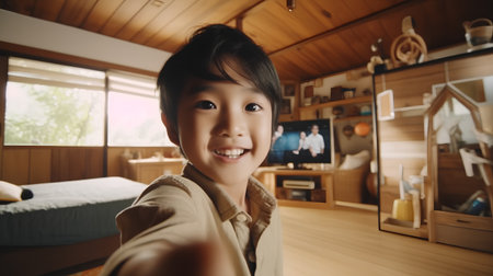 Portrait of asian boy smiling at camera in living room.の素材