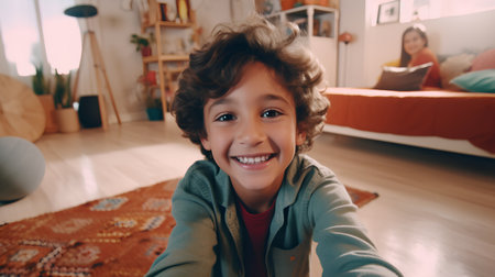 Cheerful little boy making selfie while sitting on the floor at homeの素材