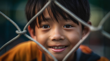 Portrait of asian little boy smiling through the bars of a cageの素材