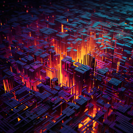 3D illustration of abstract digital city with neon lights. Technology concept.の素材