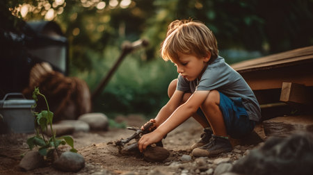 Cute little boy digging a hole in the ground in the gardenの素材