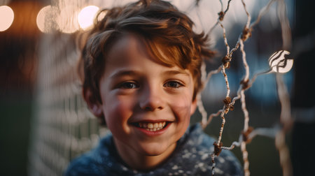 Portrait of a smiling little boy in a blue sweater on the playground.の素材