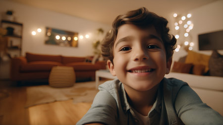 Portrait of little boy taking a selfie at home in the living roomの素材