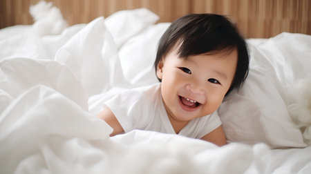 Cute asian baby girl lying on white bed and laughing.の素材