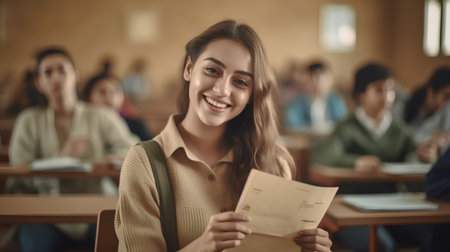 Portrait of smiling female student holding a piece of paper in classの素材