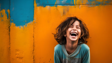 Portrait of a beautiful young girl laughing against a colorful wall.の素材