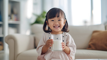 happy asian little girl holding glass of milk and smiling at homeの素材