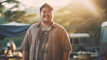 portrait of young asian man smiling at the camera while campingの素材