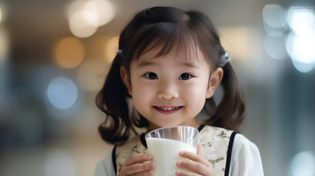 Asian Chinese little girl drinking a glass of milk in the shopping mallの素材