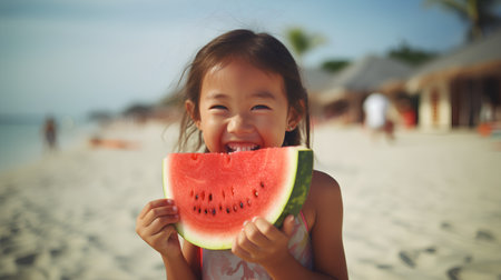 Cute little girl eating watermelon on the beach in summer timeの素材