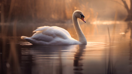 Beautiful white swan swimming on the lake at sunrise. Soft focus.の素材