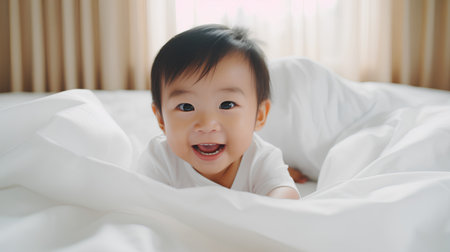 cute asian baby lying on the bed and looking at cameraの素材