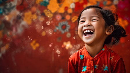 Happy asian little girl laughing and having fun on colorful bokeh backgroundの素材