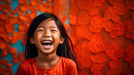 Asian little girl smiling and laughing on the background of a red wallの素材
