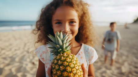 Cute little girl with pineapple on the beach. Selective focus.の素材