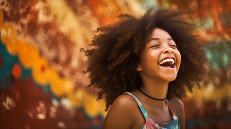 Portrait of a cute african american girl laughing against colourful backgroundの素材