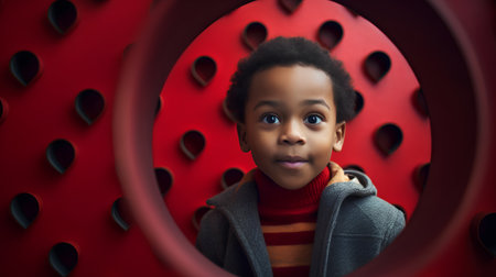 Little african american girl looking at camera through hole in red wallの素材