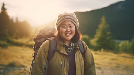 Happy asian woman hiker with backpack on the mountain at sunsetの素材