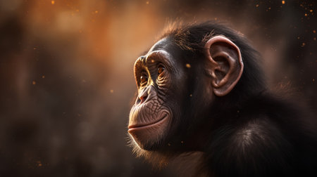 Chimpanzee portrait on dark background. Portrait of a chimpanzeeの素材