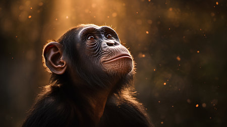 Portrait of a chimpanzee on a background of the forest.の素材