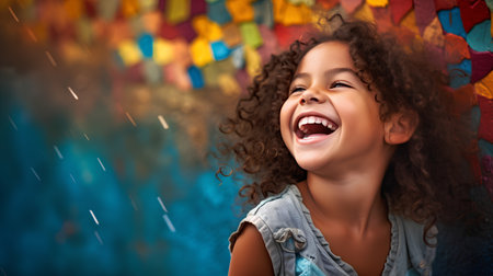 Little girl with curly hair laughing in the rain on a colorful backgroundの素材