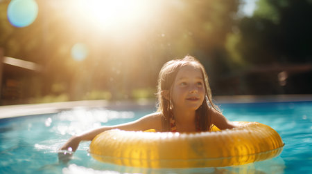 Little girl in swimming pool with inflatable ring at summer sunny dayの素材