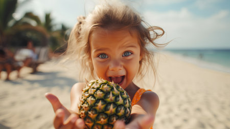 Cute little girl with pineapple on the beach. Selective focus.の素材
