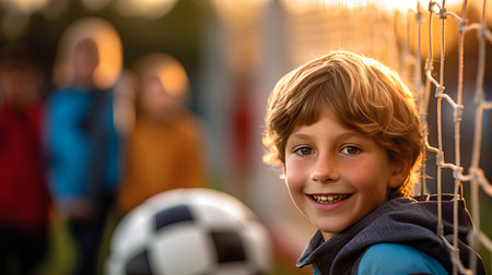 Portrait of smiling boy with soccer ball on the football field.の素材