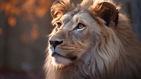Portrait of a male lion at sunset in the shade of treesの素材