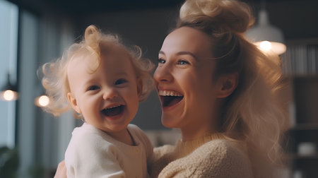 Portrait of a happy mother and her little daughter at home.の素材