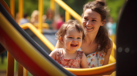 Mother and daughter having fun on slide in park. Focus on girlの素材
