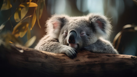 Cute koala bear sleeping on eucalyptus treeの素材