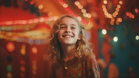 Portrait of a beautiful little girl with curly hair on a background of Christmas lightsの素材