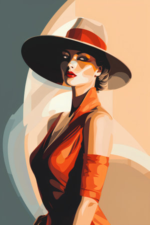 Fashion woman in hat. Retro style portrait. Vector illustration.の素材