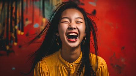 Portrait of a beautiful young asian woman in yellow blouse screaming.の素材