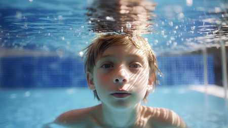 Portrait of a boy in a swimming pool. Shallow depth of fieldの素材