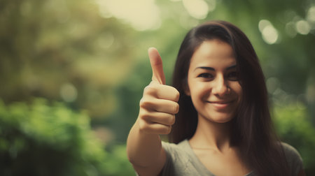 Young woman showing thumbs up sign in a park. Selective focus.の素材