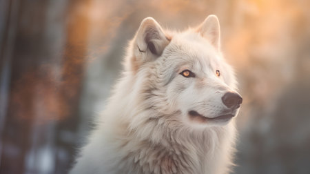 Portrait of a beautiful white wolf in the forest at sunset.の素材