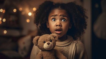 Surprised african american girl with teddy bear at homeの素材