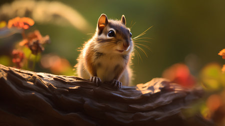 Cute chipmunk sitting on a tree trunk in the sunの素材