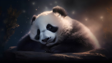 A giant panda in a dark forest at night. 3D rendering.の素材