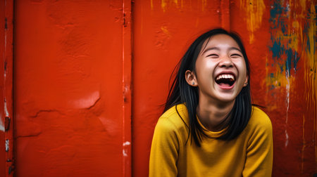 Portrait of a happy young asian woman laughing against red backgroundの素材