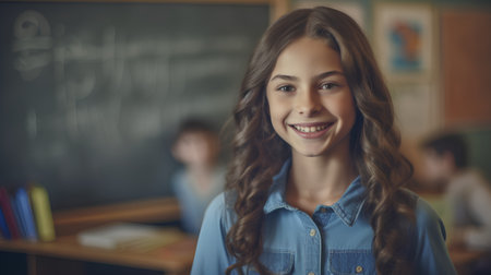 Portrait of smiling female student standing in classroom with classmates in backgroundの素材
