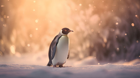 Gentoo penguin in the snow at sunset. 3d renderingの素材
