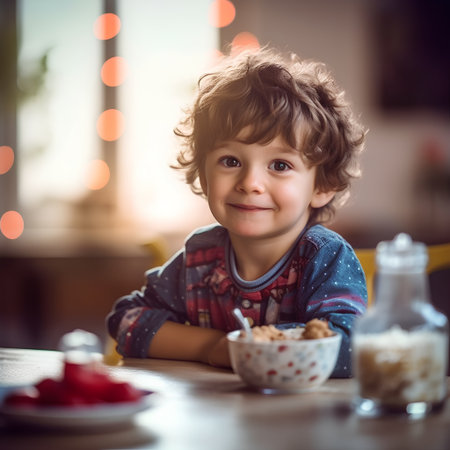 Portrait of a cute little boy having breakfast in the morning at homeの素材