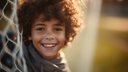 Portrait of a cute little girl with curly hair smiling outdoors.の素材