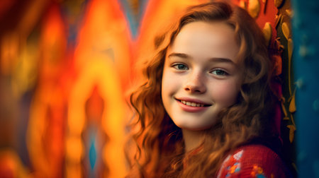 Portrait of a beautiful young girl with curly hair and blue eyesの素材