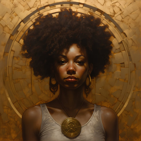 Portrait of a beautiful african american woman with afro hairstyle and golden coinの素材